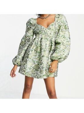 ASOS EDITION Green Floral Jacquard Puff Sleeve Babydoll Mini Dress